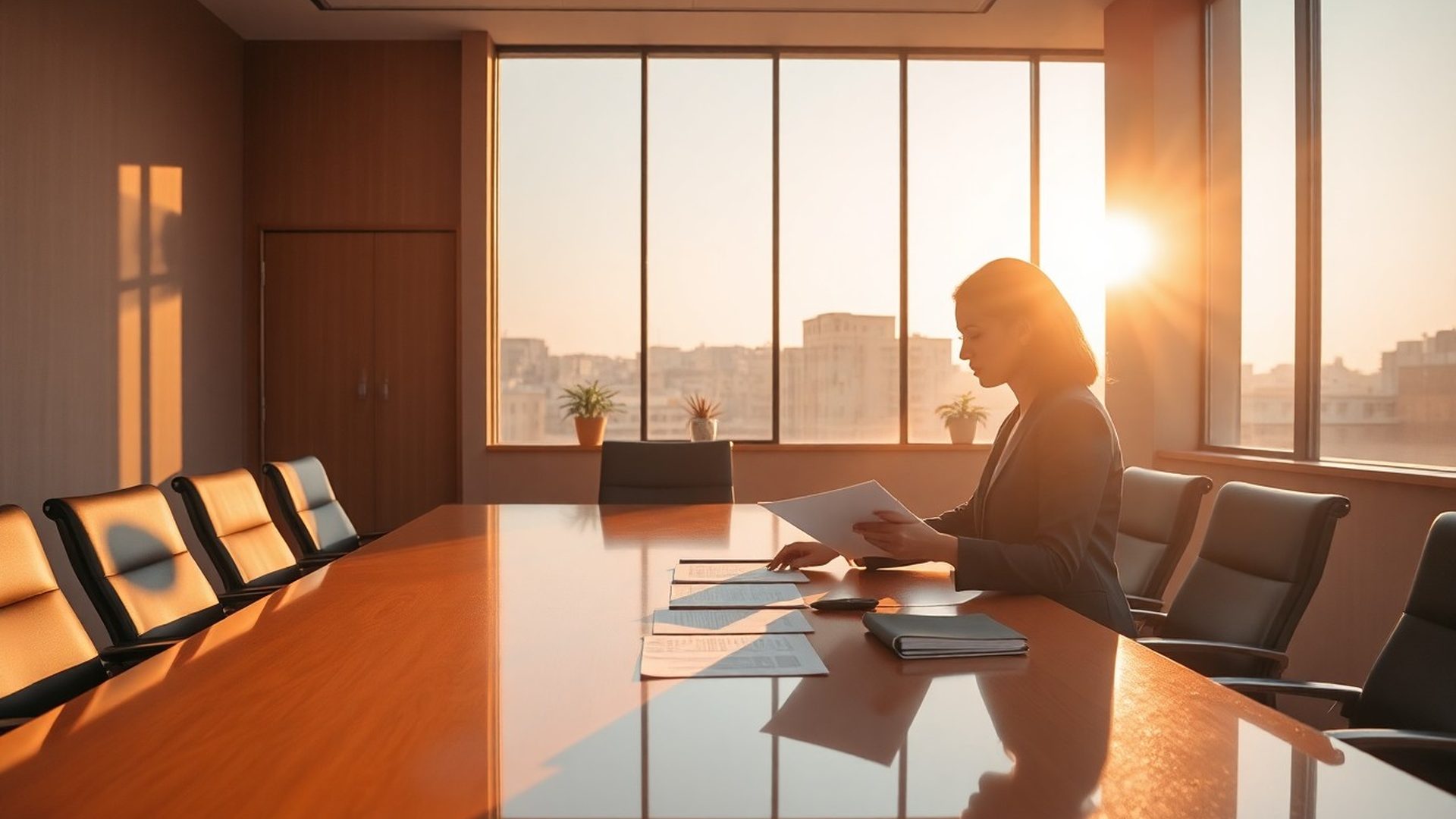 Golden-hour light across a Pretoria boardroom where two advisers review documents