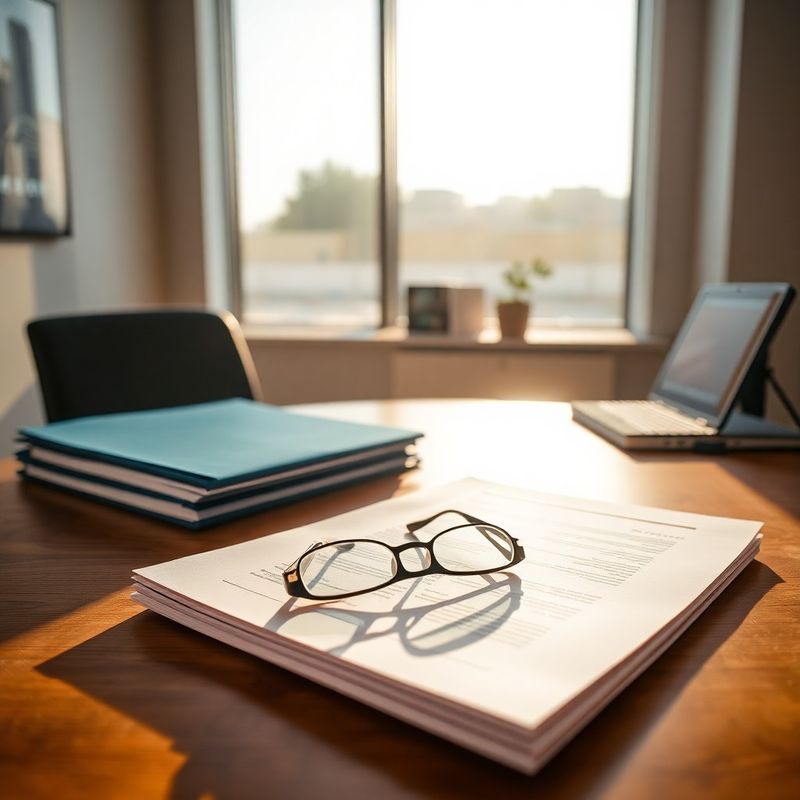 An adviser's sun-lit Pretoria desk with azure folders, a notepad, and a printed report